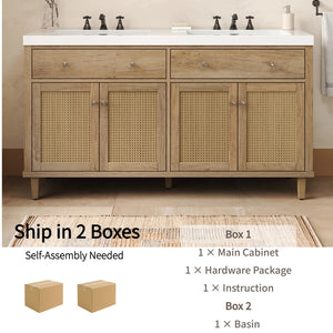English Elm Christopher Knight Home® - 60 Inch Bathroom Vanity with Double Sinks SMC, Rattan Doors, Soft-Close Drawers, Stable Pine Legs Wood N817P296140N