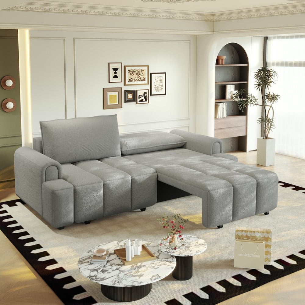 English Elm 90.2" Plush Teddy Fabric Convertible Sleeper Sofa with Hidden Storage for Living Room Light Grey W1885S00312