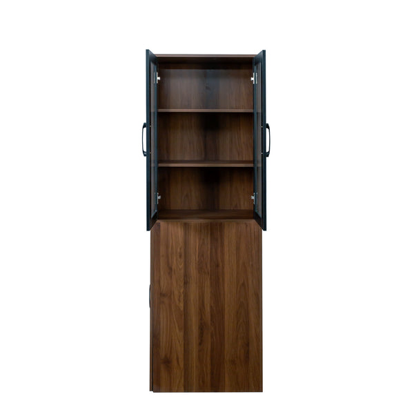 English Elm 70.87" Modern Display Storage Cabinet with 4-Tier Pull-Out Shelves, Dual Glass Doors for Home Walnut W331P295246