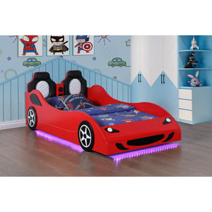 English Elm Solana Race Car Twin Bed with LED Underglow Lights, Padded Seat Headboard & Realistic Wheels - Red B062S01111
