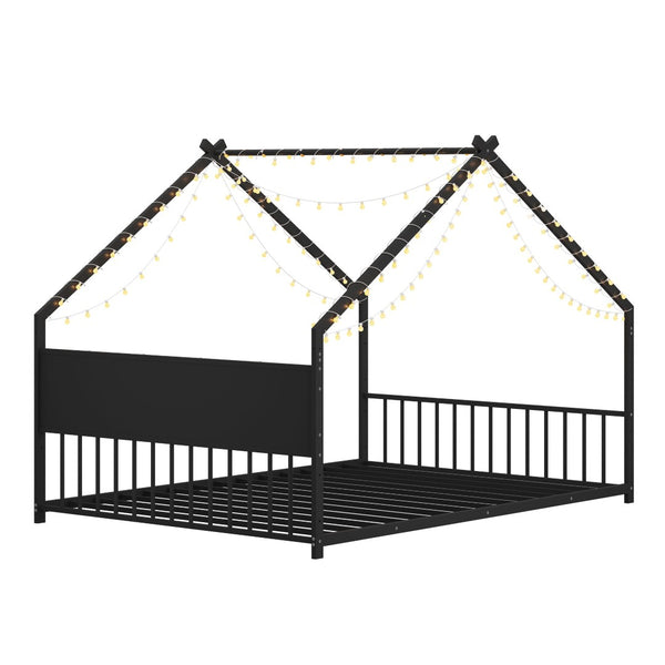English Elm Twin House Bed Frame with Led Lights Iron Slats Low Profile Kids Bedroom W1820P234582