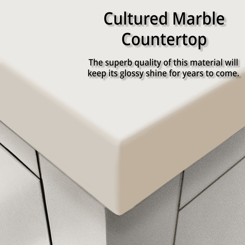 English Elm White Elegant Single Bath Vanity Set With Cultured Marble Countertop & Frameless 43 In. Mirror B2731S01442-GIGA