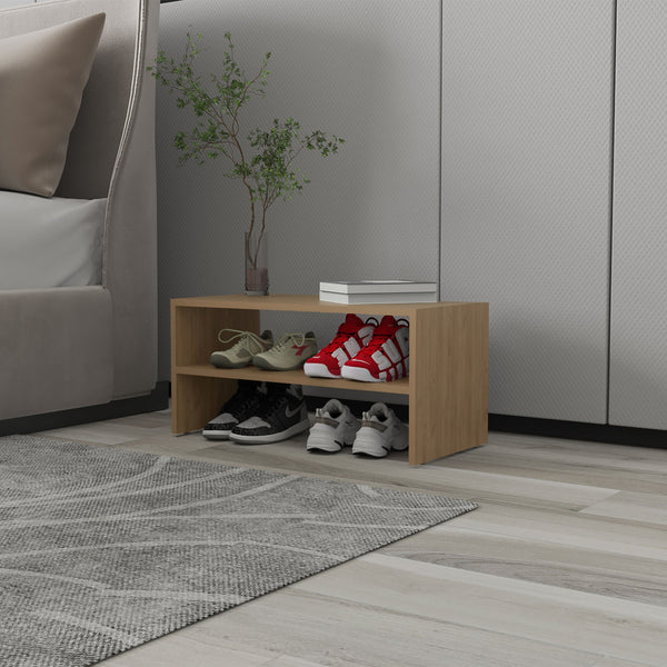 English Elm Shoe Compact 2-Shelf Freestanding Organizer with Scratch-Resistant Melamine Surface for Bedroom Storage Beige 28.75 L x 15.36 W x 3.15 H B128P375307