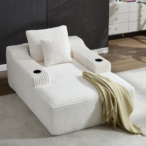 English Elm 67" Corduroy Oversized Chaise Sleeper Sofa Deep Seat Boneless Lounge with Cup Holder Pillows White W1803P409263