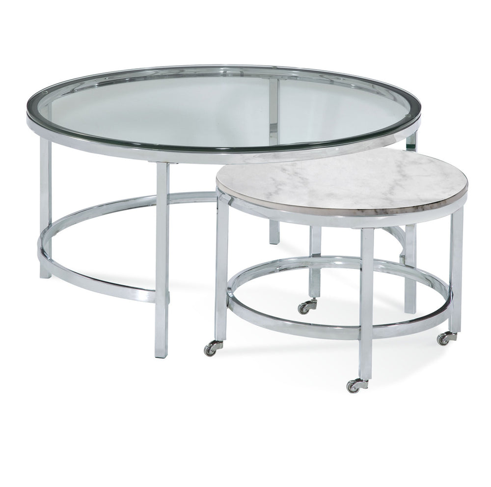 Basset Mirror Jadyn Round Nesting Cocktail Table With Clear Glass Top & Solid Stone Base On Stylish Piano Casters White  3260-lr-120c