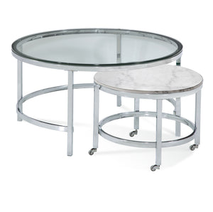 Basset Mirror Jadyn Round Nesting Cocktail Table With Clear Glass Top & Solid Stone Base On Stylish Piano Casters White  3260-lr-120c