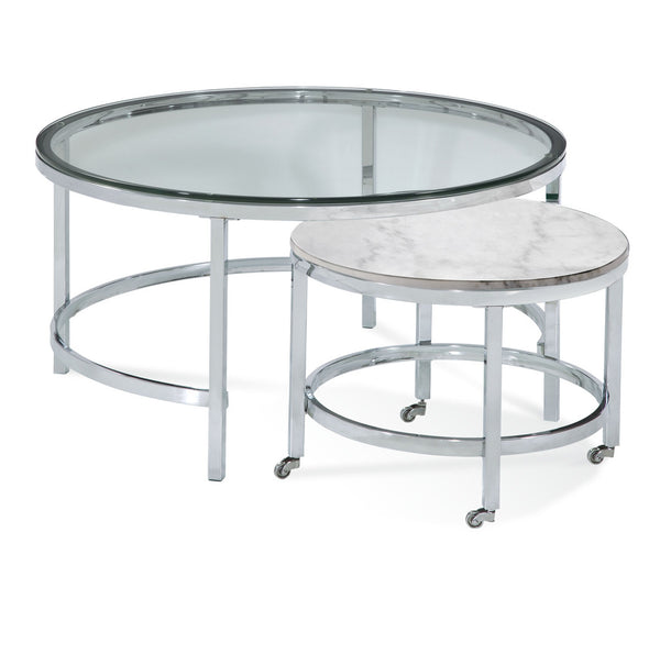 Basset Mirror Jadyn Round Nesting Cocktail Table With Clear Glass Top & Solid Stone Base On Stylish Piano Casters White  3260-lr-120c