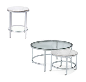 Basset Mirror Jadyn Round Nesting Cocktail Table With Clear Glass Top & Solid Stone Base On Stylish Piano Casters White  3260-lr-120c