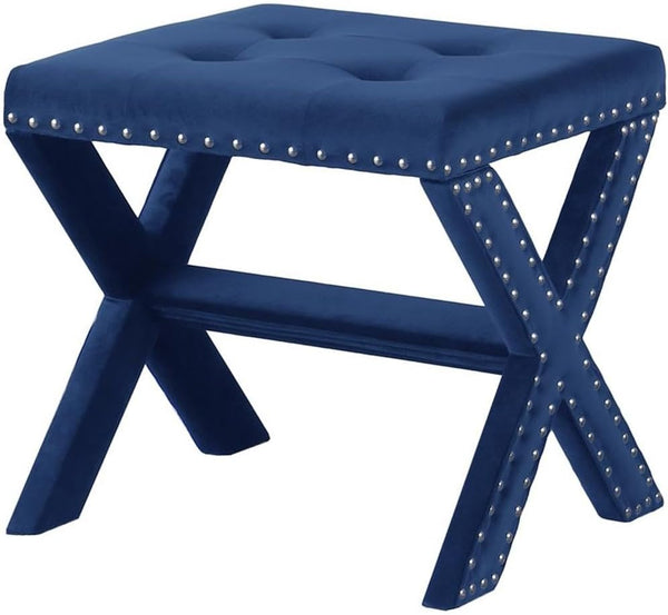 English Elm Velvet Small Tufted Accent Bench with Nailhead Trim and X-Leg Frame, Plush Foam Seat for Entryway Blue 20 L x 19 W x 7 H B011P357491