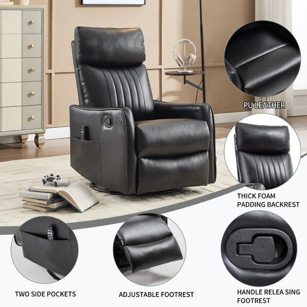 English Elm Blue Fabric Swivel Rocker Recliner with Massage Heat Nodes for Living Room Comfort Black Pu W1803P321812