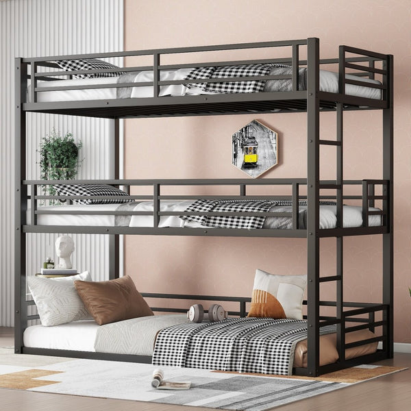 English Elm Twin Xl Triple Bunk Bed - Heavy-Duty Metal Frame With Guardrails & Noise-Reduced Design In Black W1580S00143-GIGA