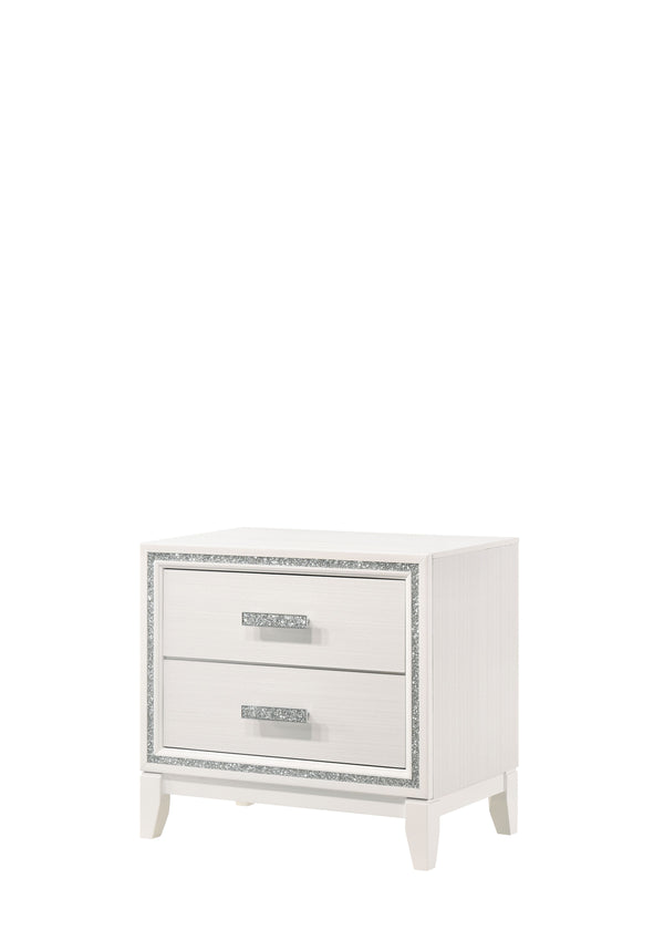 English Elm Haiden Weathered nightstand with silver trim, two dovetail drawers, smooth glides, elegant storage enhancement White 31 L x 20 W x 26 H B2726P261900