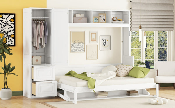 English Elm Queen Murphy Wall Bed with Integrated Wardrobe and Drawers for Studio or Guest Room White LP000793AAK-3