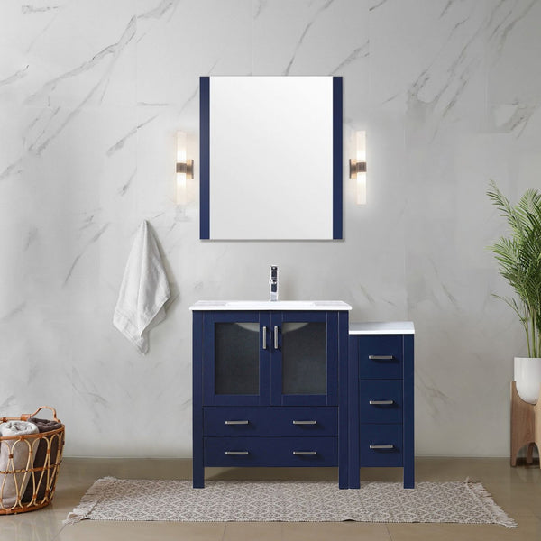 English Elm Navy Blue Bath Vanity Set With White Ceramic Top, Side Cabinet, Chrome Faucet & 28” Mirror Upgrade B2731S01365