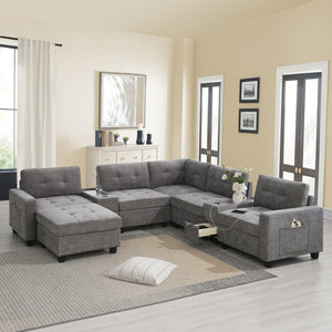 English Elm [new U-shaped Chenille Sectional Six Seat Tufted Couch with Usb Charging Storage Gray N723S1191E