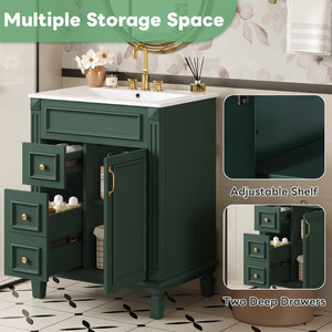 English Elm 24" French Inspired Bathroom Vanity with Ceramic Basin Soft Close Cabinet and 2 Drawers Green N710P318990F