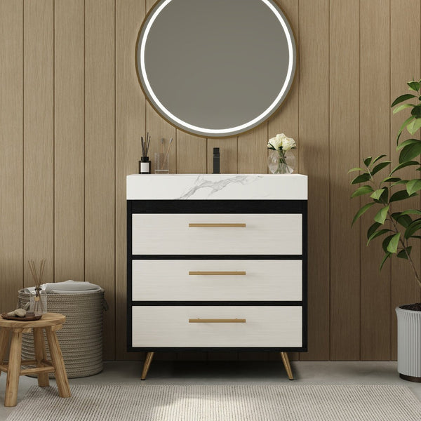 English Elm Modern Freestanding Bathroom Vanity with Sintered Stone Top and Gold Steel Legs W3136S00049