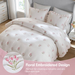 English Elm 3-piece Floral Embroidered Quilt Set Ruffled Trim Romantic Bedding for Full Queen Beds White+Pink B035P463192
