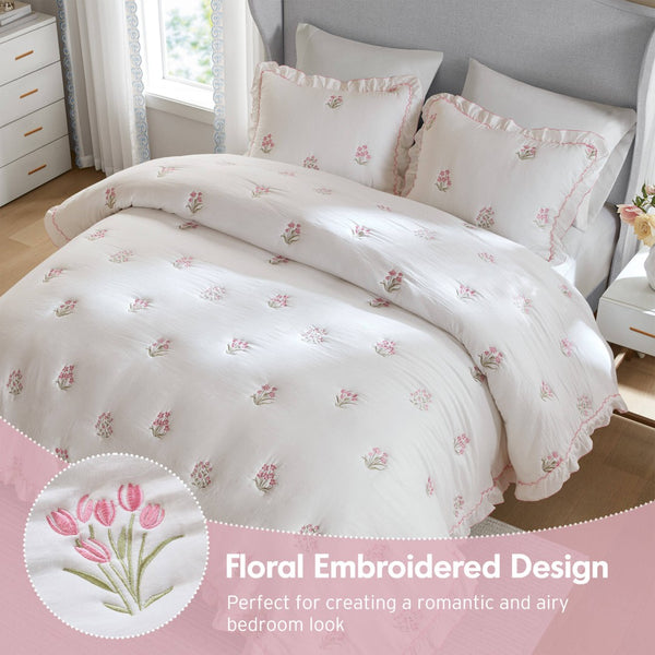 English Elm 3-piece Floral Embroidered Quilt Set Ruffled Trim Romantic Bedding for Full Queen Beds White+Pink B035P463192