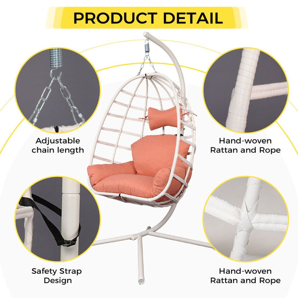 English Elm Egg Hanging Chair with Stand Pe Rattan Swing Seat Washable Cushion Patio Bedroom T5880P497430