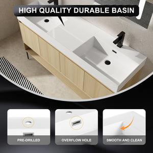 English Elm 60" Oak Bathroom Vanity Combo with Resin Basin, 4-Door Storage, Multi-Layer Wood Frame, Modern Elegance W1972S00011
