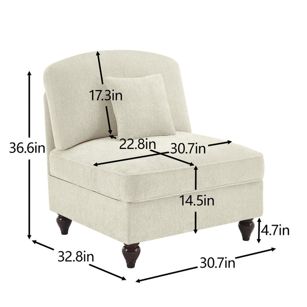 English Elm Armless Chenille Sofa Sculptural Spindle Legs Silver Thread Upholstery Living Room Beige+White W3041P332622