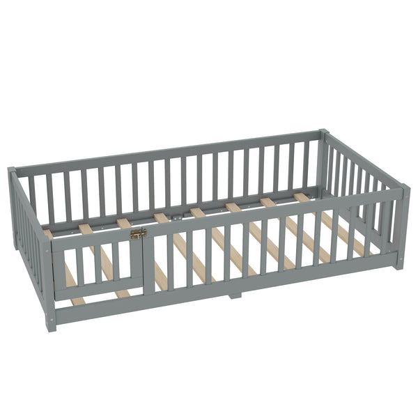 English Elm Twin Twin Size Floor Bed with Safety Guardrails and Playful Door for Kids, Pine/Plywood, Low Profile Gray W1580P338948
