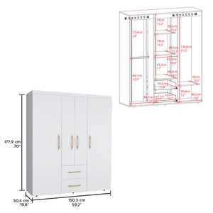 English Elm Bariloche Wardrobe Organizer with Hanging Rods, Shelves & Drawers for Efficient Bedroom Storage and Style White 71.2 L x 24.4 W x 4.7 H B200S00366
