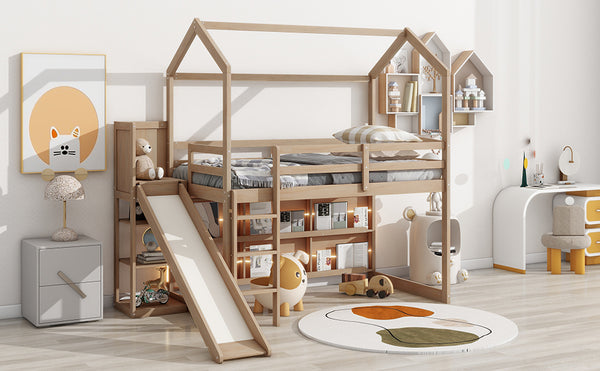 English Elm Twin House Loft Bed with Slide, Storage Shelves and Built-In Light — Playhouse Design, Sturdy 400lb Capacity Wood GX000355AAD