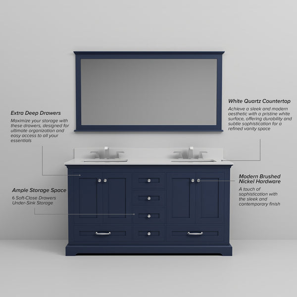 English Elm Navy Double Bath Vanity 60" W x 22" D with White Quartz Top, Soft-Close Drawers, Chrome Faucet Set B2731P258381