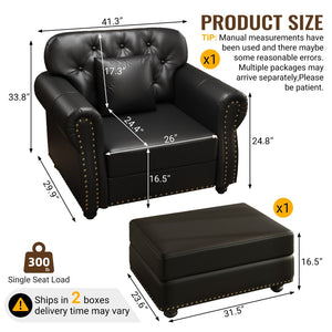 English Elm 41.3"upholstered Faux Leather Accent Sofa Button Tufted Nailhead Chesterfield Style Seat Black W1885S00422