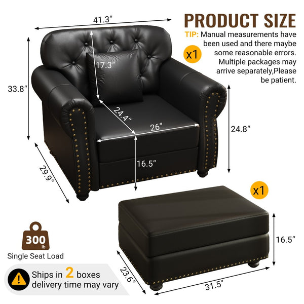 English Elm 41.3"upholstered Faux Leather Accent Sofa Button Tufted Nailhead Chesterfield Style Seat Black W1885S00422