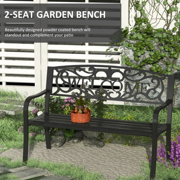 English Elm Outdoor Powder-coated Steel Garden Bench with Curved Slats for Patio or Porch Seating T3971P383901