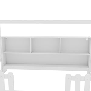 English Elm Twin House Bed with LED Light and Built-In Bookshelf, Solid Wood Playhouse Design for Kids Safety White 78.15 L x 15.75 W x 6.1 H W2593P269087