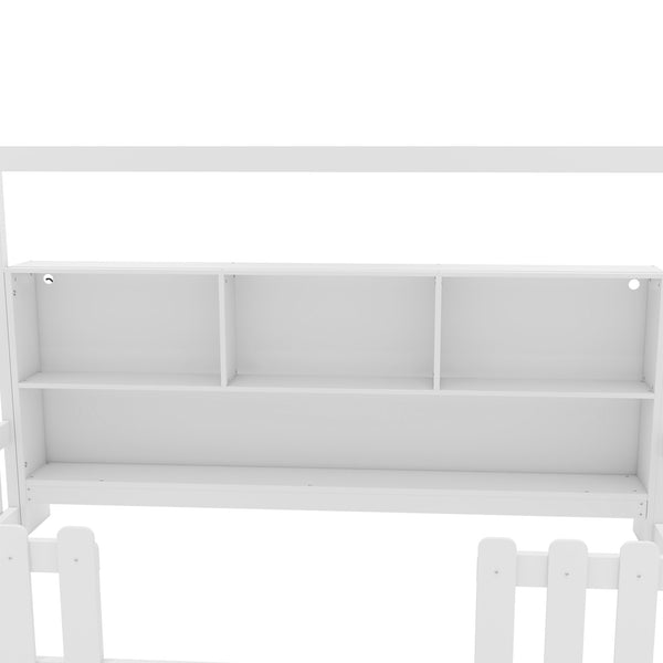 English Elm Twin House Bed with LED Light and Built-In Bookshelf, Solid Wood Playhouse Design for Kids Safety White 78.15 L x 15.75 W x 6.1 H W2593P269087