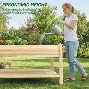English Elm Raised Wood Planter Bed Counter Height Ergonomic Design with Drainage Tray and Tool Shelf W3166P444935