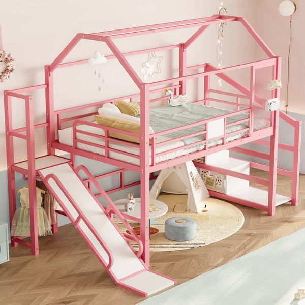 English Elm Full Full House Loft bed with Slide and Stairs, Metal House Play Loft with Storage Shelves and Quiet Design Pink W1580S00351
