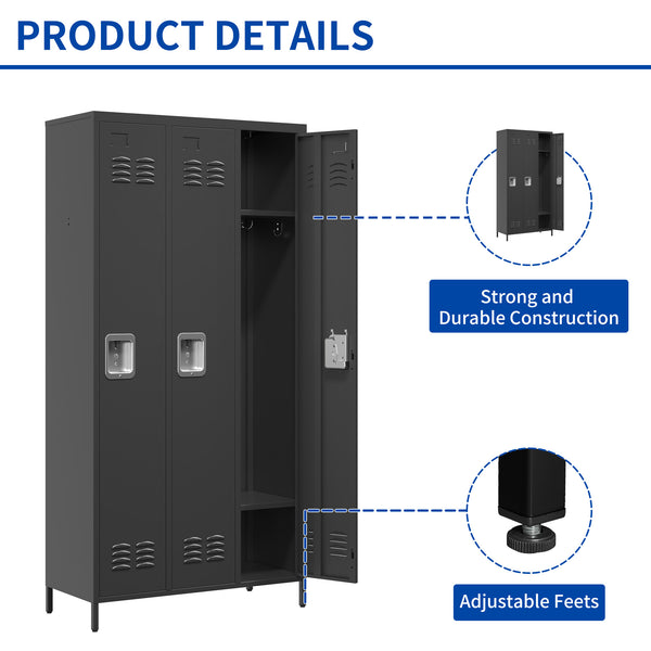 English Elm 3 Door 72"H Metal Lockers - Triple Compartment Steel Cabinet with Individual Locks, Durable Black T2398P285652