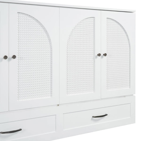 English Elm Queen Murphy Wall Bed with Usb Ports Storage Drawers and Cabinet Style Panel Front White N708S00010K-1