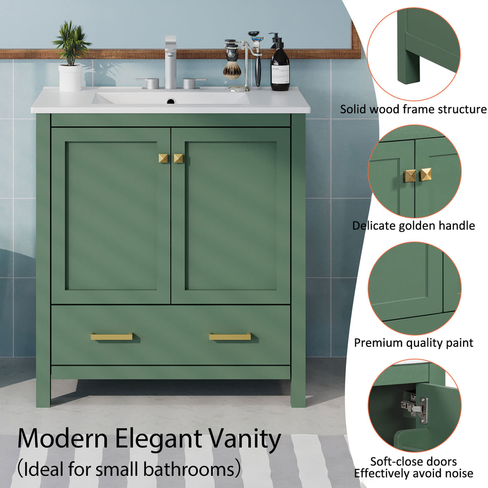 English Elm 30" Green Bathroom Vanity with Undermount Sink, Solid Wood Cabinet, Soft-Close Doors & Drawer Organizer N729P170521F