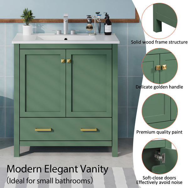 English Elm 30" Green Bathroom Vanity with Undermount Sink, Solid Wood Cabinet, Soft-Close Doors & Drawer Organizer N729P170521F