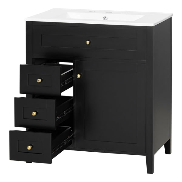 English Elm 30-Inch Contemporary Bathroom Vanity with Sink, MDF & Rubberwood, Glossy Finish, 3 Drawers + Cabinet Black N725P350819B