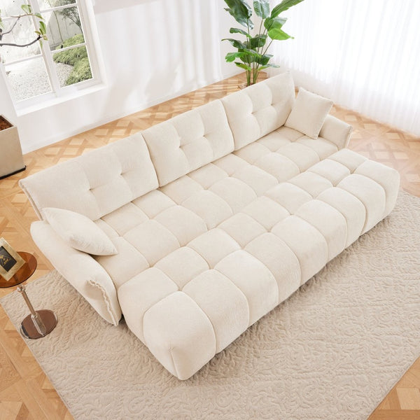 English Elm 3 Seater Chenille Sofa Set with Ottomans Tufted Arms Solid Wood Frame Lounge Ready White W714S01655