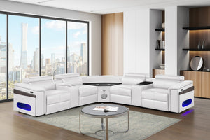 English Elm Nova Tech Sectional with Led Bar Bluetooth Speakers Power Recliners and Freezer Console White B009S02171