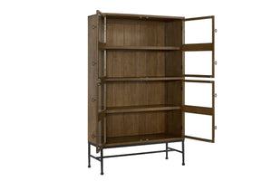 English Elm Bookcase with Glass Paned Doors Hickory Veneer Shelving for Study or Living Room B2699P443194
