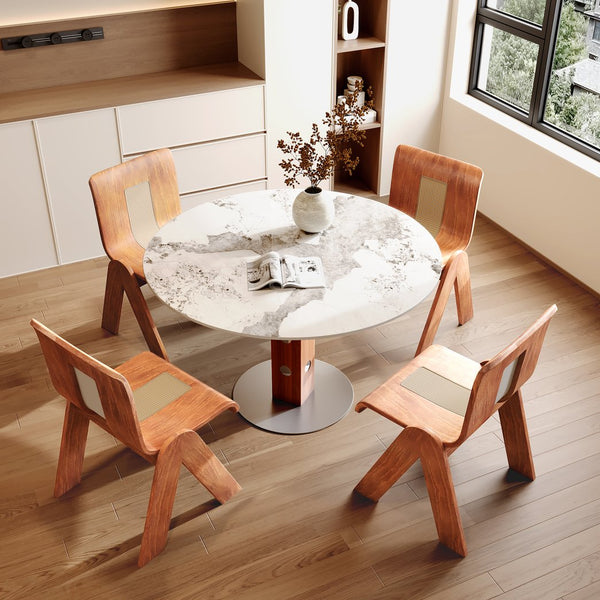 English Elm 2-4 Farmhouse Round Solid Wood Dining Table with Sintered Stone Top, Walnut & White, Durable Design T3833S00063 T3833S00063