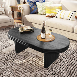 English Elm Mid Century Modern Oval Fluted Coffee Table with Wood Veneer for Living Room Black W757P370255