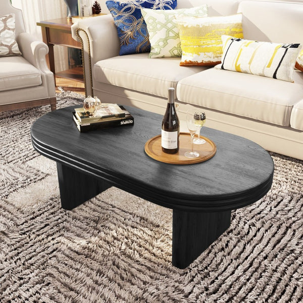 English Elm Mid Century Modern Oval Fluted Coffee Table with Wood Veneer for Living Room Black W757P370255