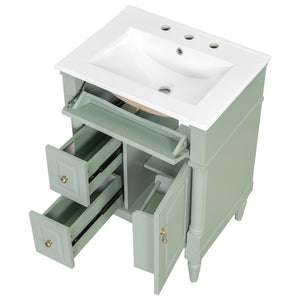 English Elm 24 Inch Freestanding Vanity with Ceramic Sink Rubberwood Frame Matte Finish Storage Green N725P356058F