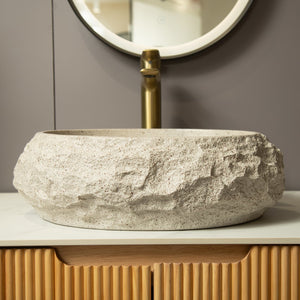 English Elm Luna 18" Bathroom Sink Irregular Oval Resin Vessel with Stone Pattern Artistic Durable Finish Beige W2615P346503